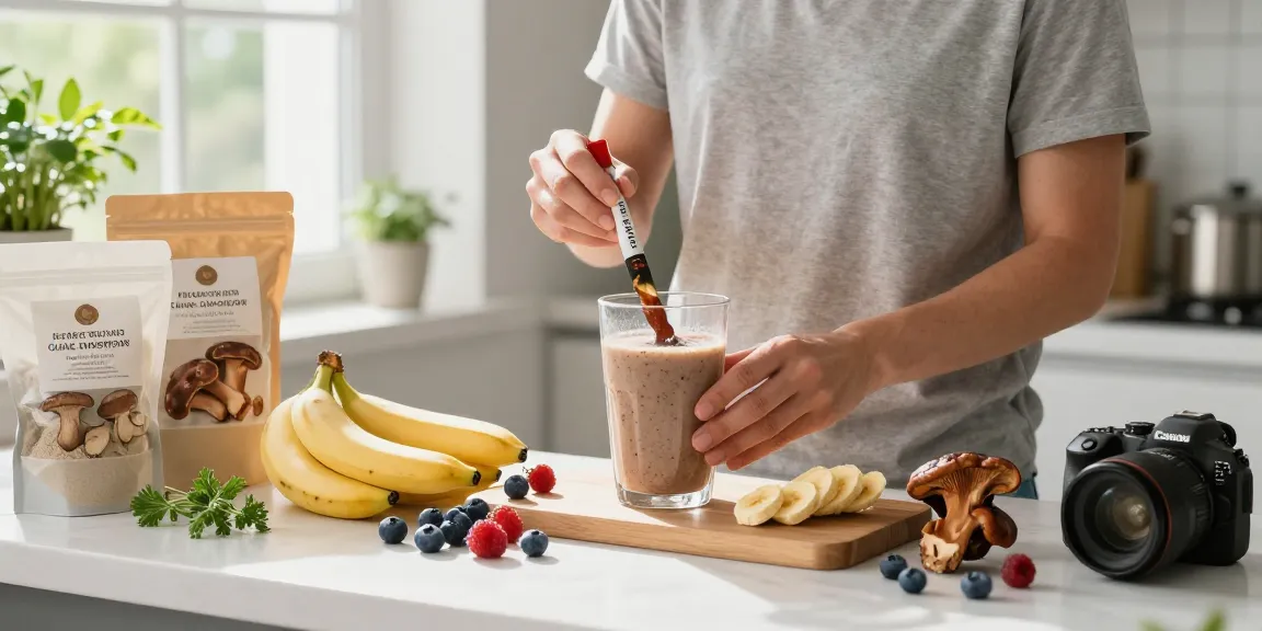 Reishi mushroom extract featured in a vibrant smoothie preparation, promoting natural health.