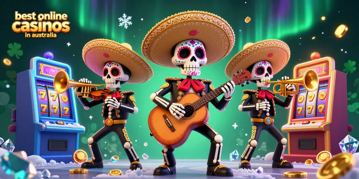 Engage with the best online casinos in Australia featuring dynamic mariachi skeletons amidst vibrant slots.