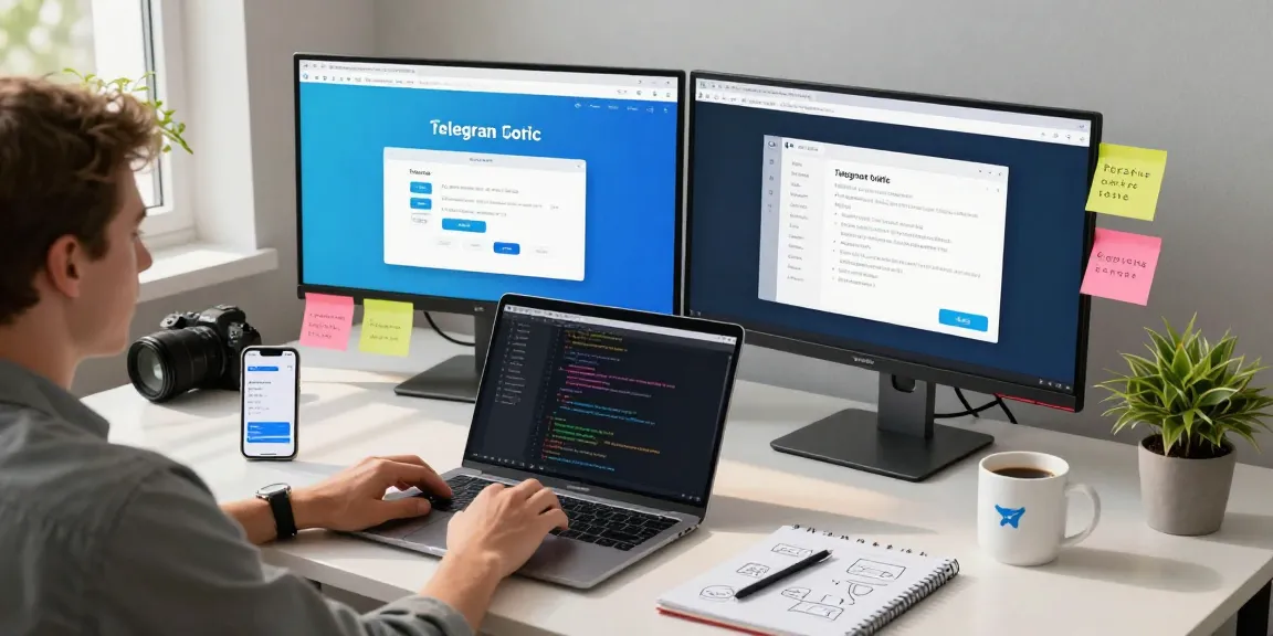 Setting up Telegram Chinese interface on a modern tech workspace with dual screens.