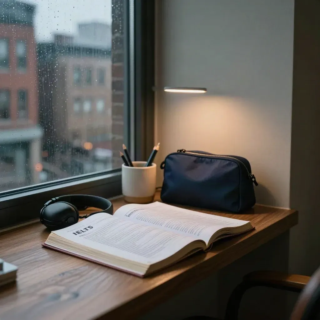 Rain-darkened study nook with IELTS booklets, lamp glow, headphones case and study pouch.