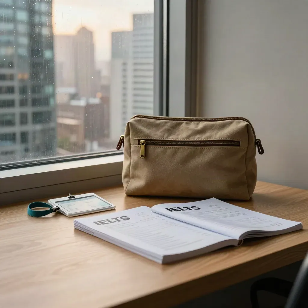 Toronto study corner with exam pouch, corrected booklets and transit card holder by dawn window.
