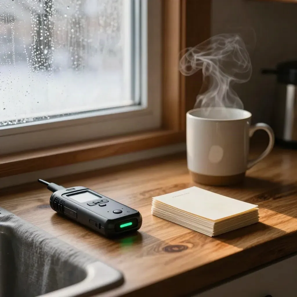 Calgary kitchen counter with recorder, cue cards, steaming mug, and frosted window condensation.