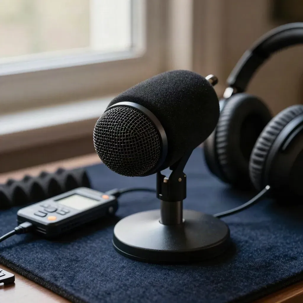 Mic, recorder and headphones case on dark felt in dramatic studio light
