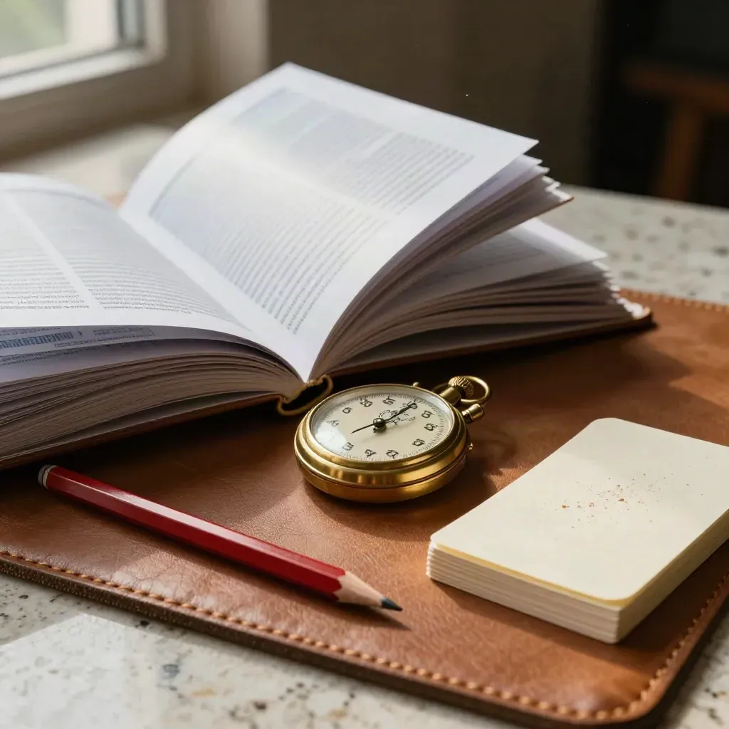 Macro still life of IELTS speaking rubrics, stopwatch, red pencil and cue cards on leather mat.