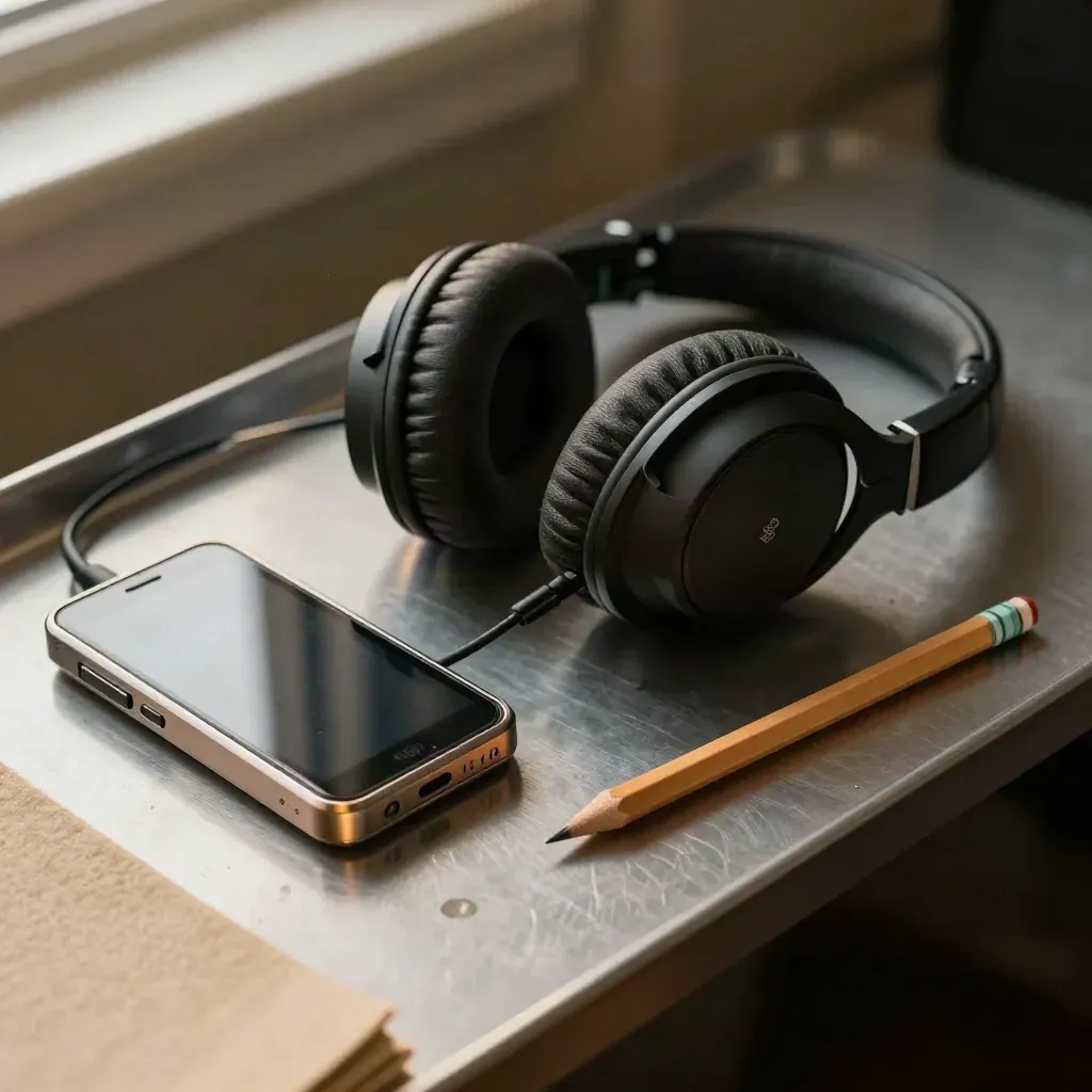 Headphones, portable player, pencil and colored tabs on brushed metal under raking light.