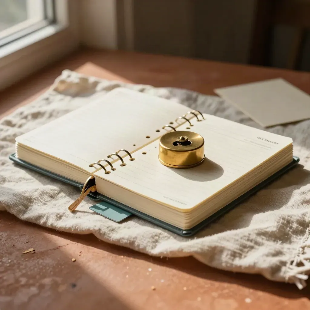 Closed study planner with dividers, brass paperweight and teal tab on cream linen