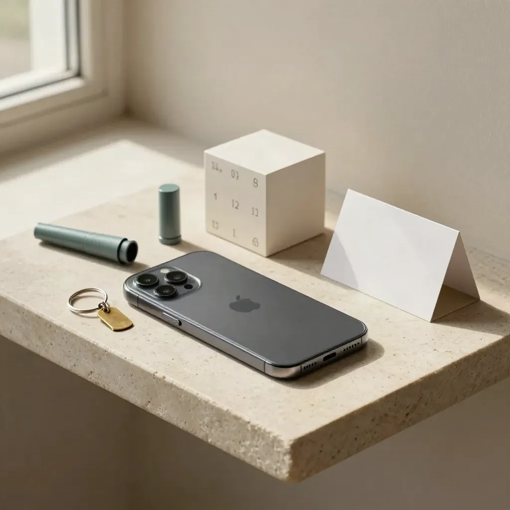 Face-down phone, calendar cube, key ring and teal pen cap on stone shelf in soft side light.