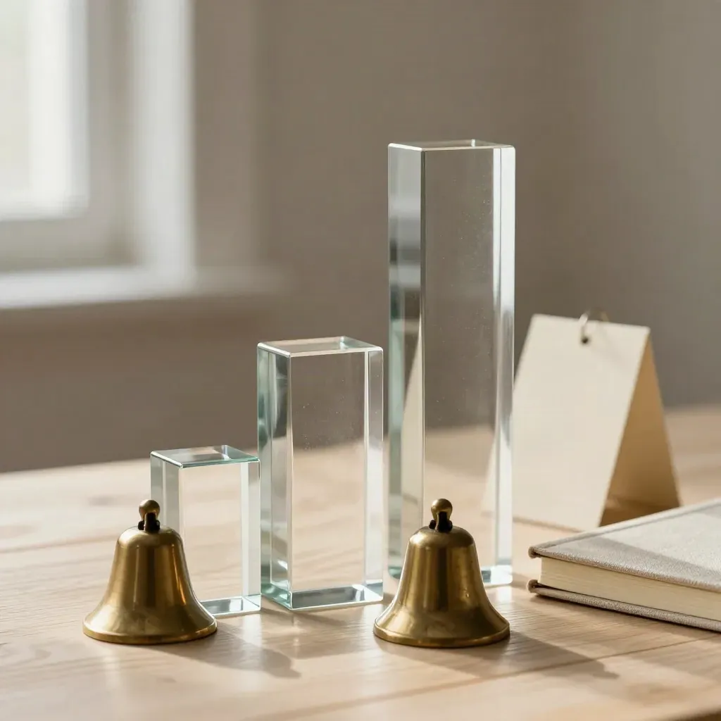 Glass blocks, brass bell and closed notebook on pale wood in soft side light.