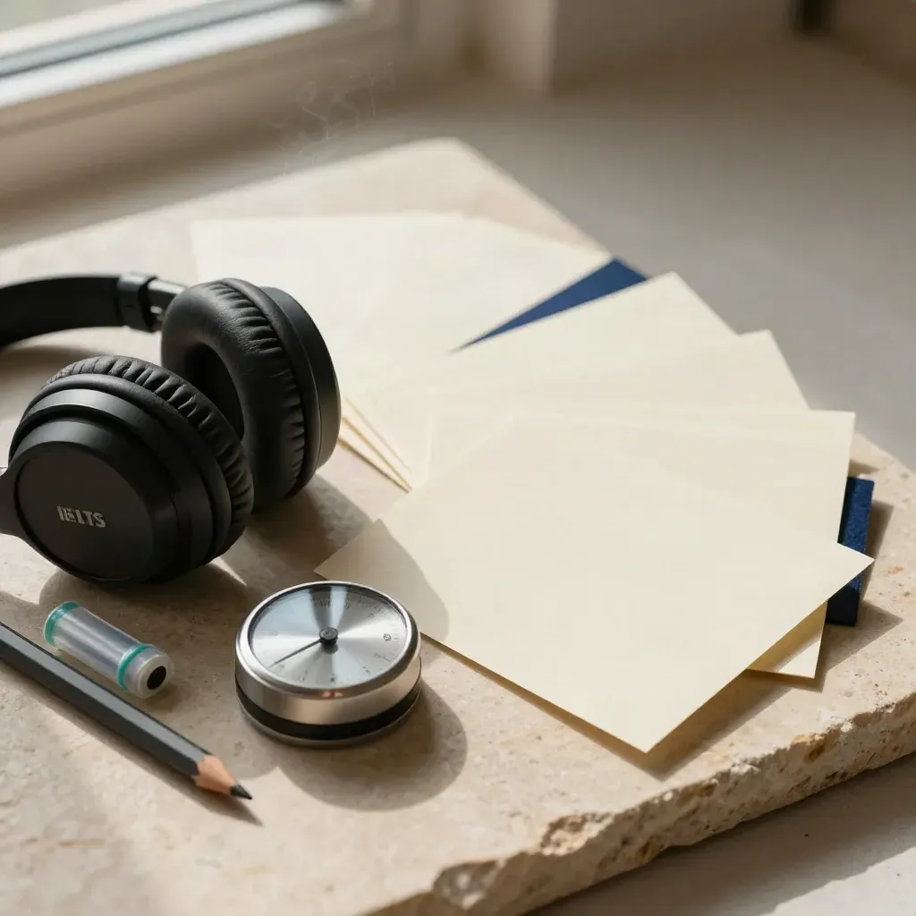 IELTS drill kit with headphones, timer, pencil, highlighter cap and blank cards on pale stone.