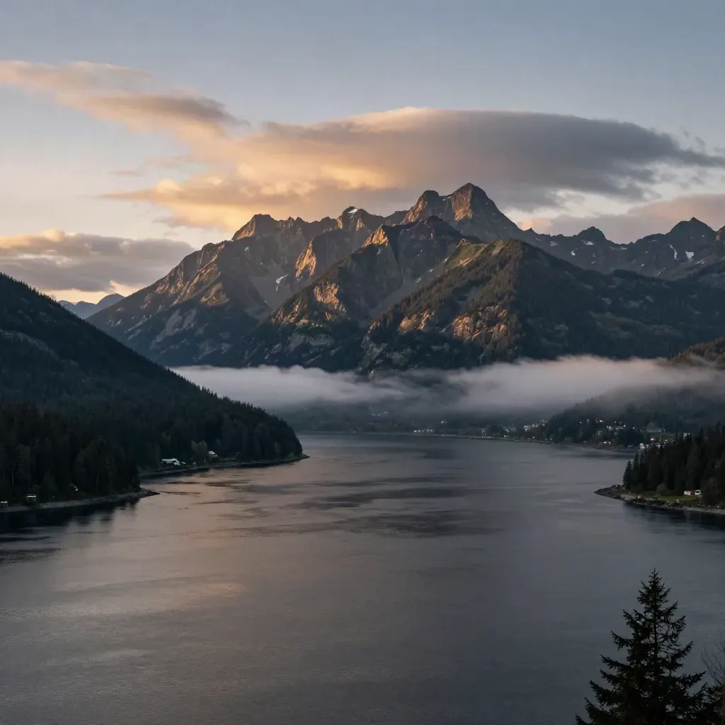 Vancouver harbour with misty North Shore peaks above a calm dark water foreground at dusk