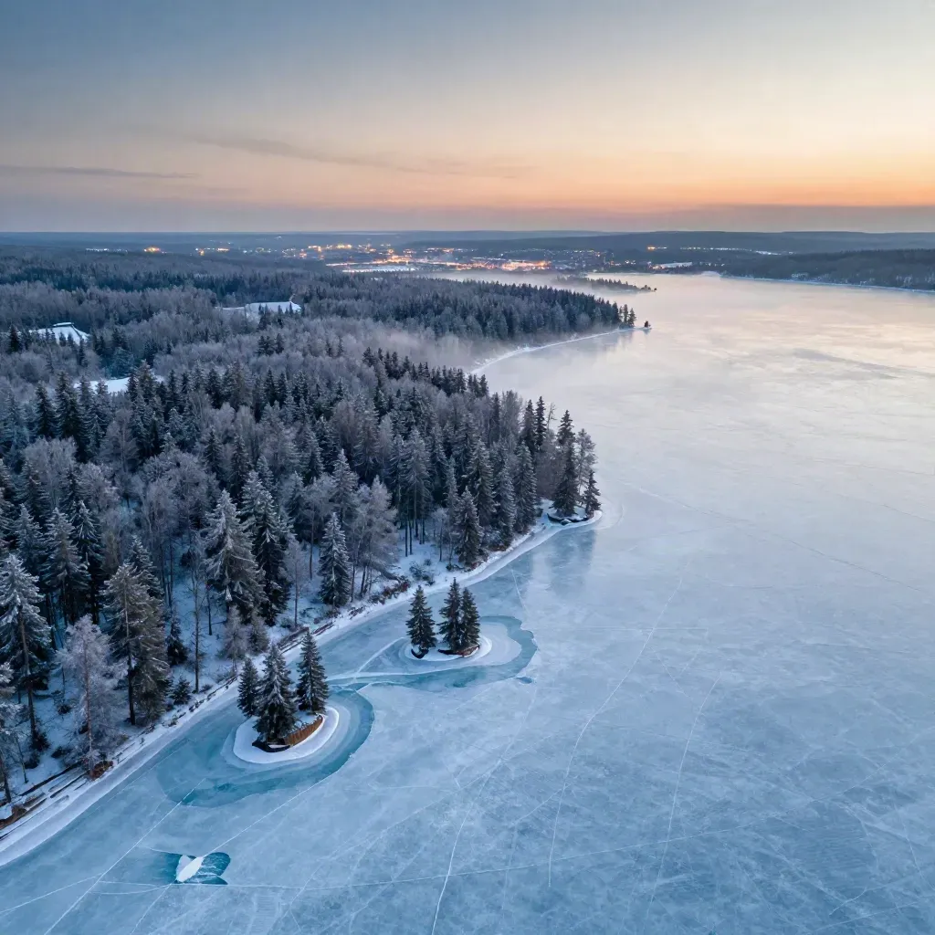 Aerial of frosty forests and lake ice with distant city glow over a calm pale winter plain.