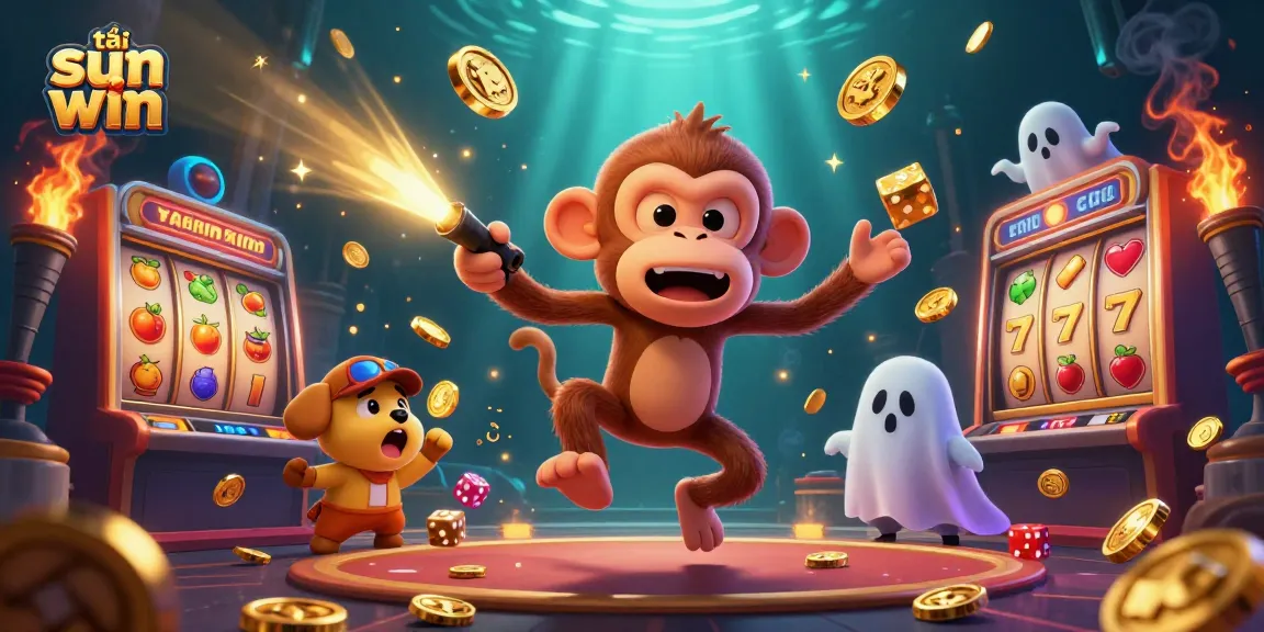 Experience the thrill of tải sun win with golden coins and a mischievous monkey in a vibrant casino scene.