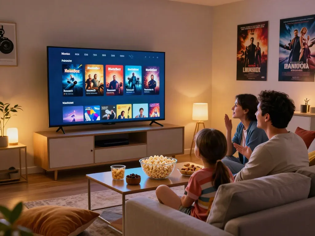 Family watching movies on smart TV using MovieBox app with snacks and cozy ambiance
