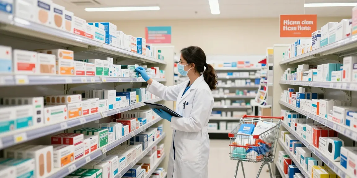 Buy medical supplies Canada: A healthcare professional organizing essential medical supplies in a pharmacy.