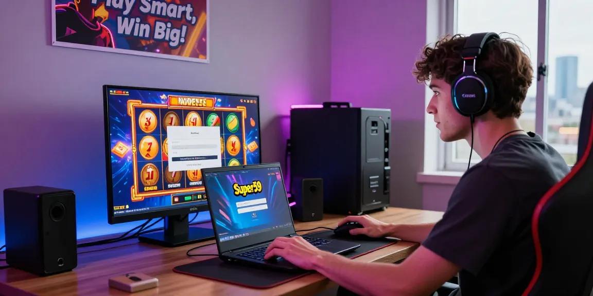 Pengguna terlibat dalam permainan slot online dengan login Super59, dikelilingi aksesori gaming.