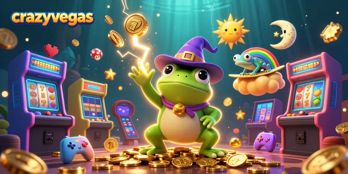 Engage with the vibrant crazyvegas scene featuring a frog and chameleon surrounded by casino game elements.