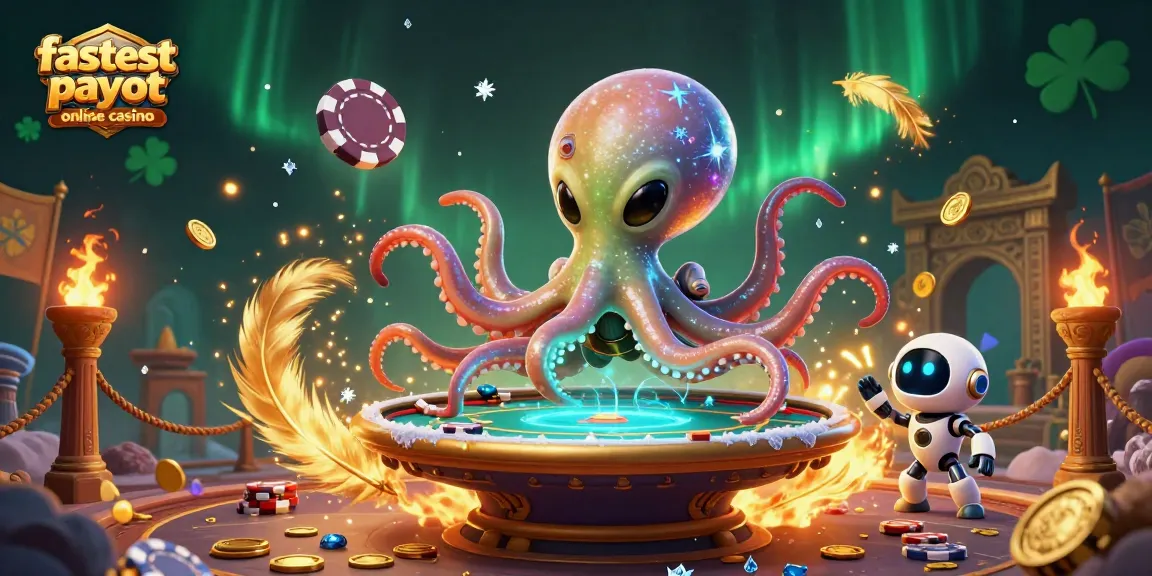 Witness the fastest payout online casino with a cosmic octopus expertly managing holographic poker in a vibrant, dynamic scene.